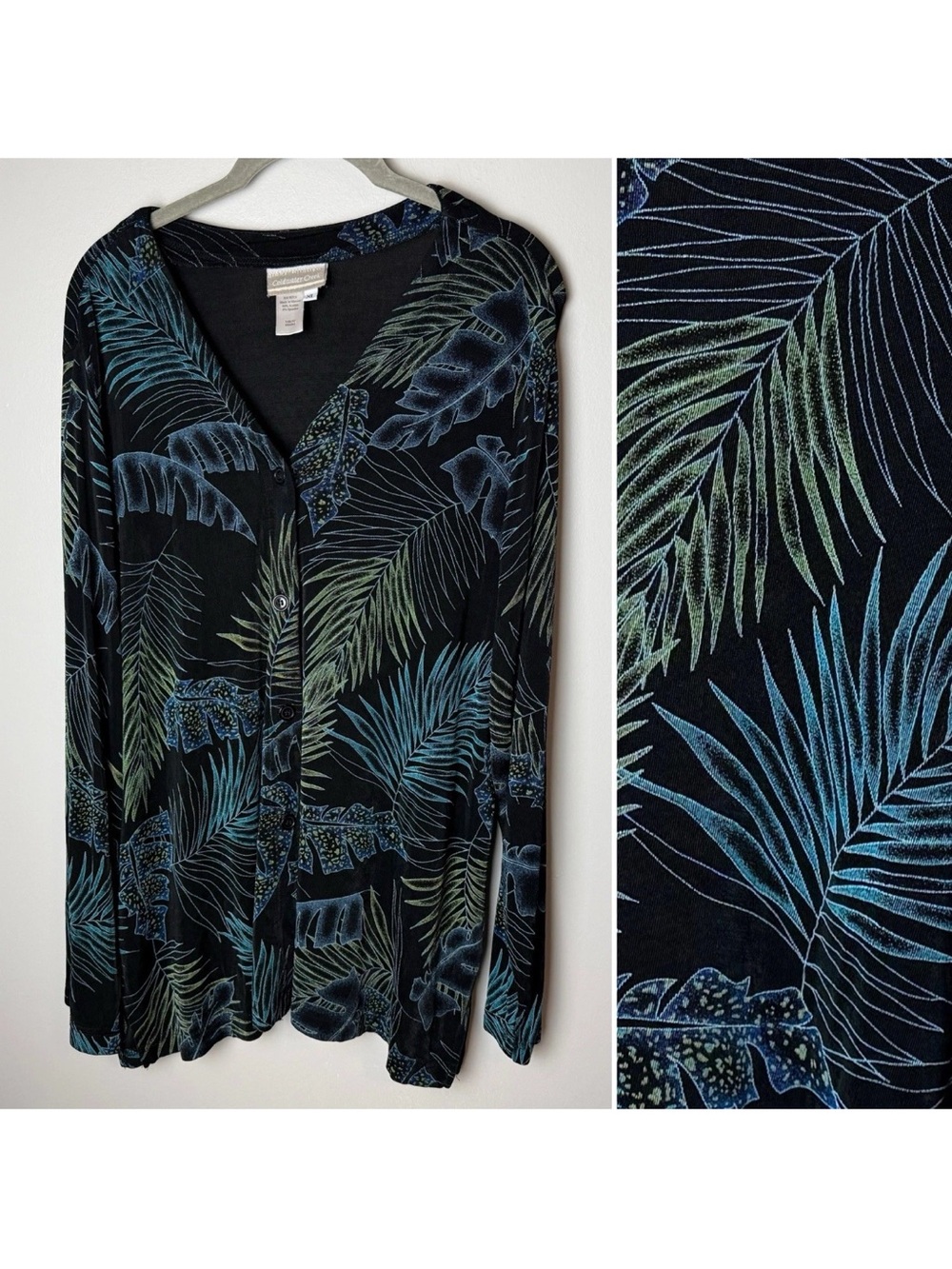 Coldwater Creek Slinky Cardigan Top Size XL Tropical Leaf Black Blue Stretch